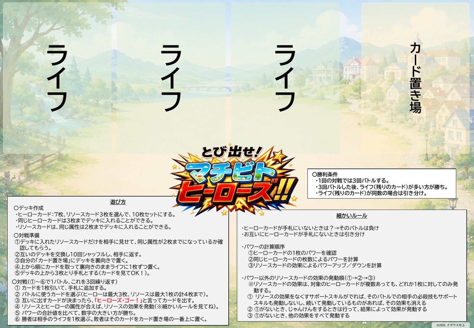 遊び方ボード：デッキ作成・対戦準備・対戦・勝利条件・細かいルールの一覧